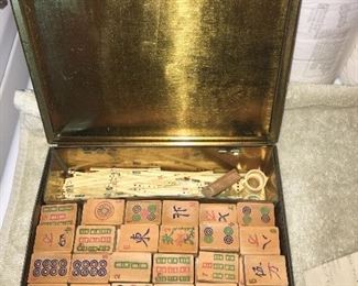 Antique/vintage Oriental Mahjong game in metal chest