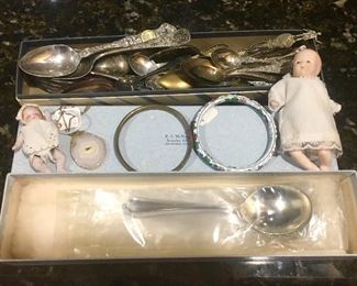 Sterling silver spoons, collectible spoons (sterling & silver plate), bisque miniature dolls, bracelets, necklace)