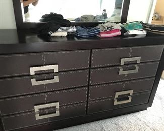 Leather front dresser & 2 night stands