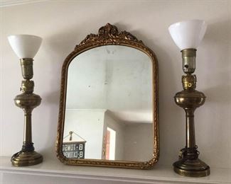 Gold framed mirror and two brass lamps https://ctbids.com/#!/description/share/231015