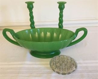 Cambridge Green Glass Twist Candlesticks and Bowl https://ctbids.com/#!/description/share/230632