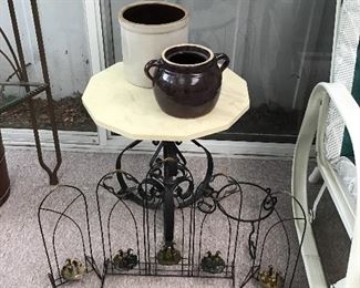 Metal and Marble Stand and Crocks
