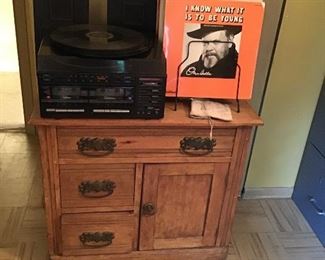 Antique Wash Stand, Record Albums, and Phonograph