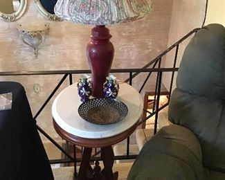 Marble Topped Oval Side Table, Lamp Vases and Decorative Metal Bowl