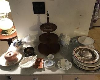 Collectible Plates, Vintage Serving Pieces and Wooden Tart Stand