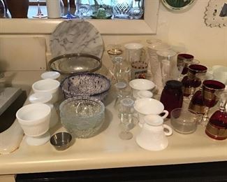 Milk Glass , Pressed Glass and Vintage Red and Gold Glasses