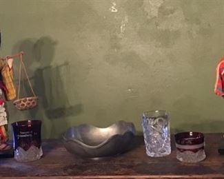 Vintage Dolls, Ruby Glassware and Pewter Bowl