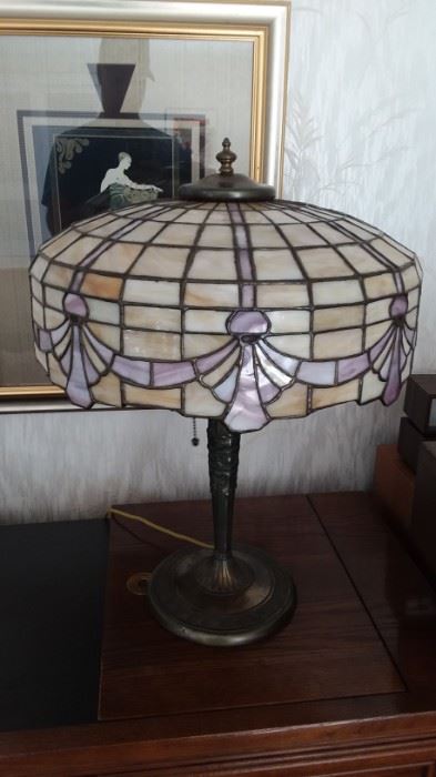 Early 20th century leaded slag glass lamp.  WOW!