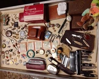 Vintage costume jewelry Art Deco vanity set Hohner Harmonica pocket watch bug pins pocket knives
