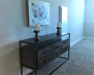 Entry table, home decor, wall art.