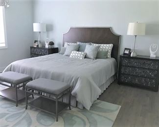 Bed (size avail soon), nightstands, stools, bedding, lamps, home decor.