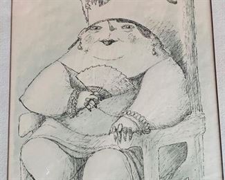 4.  Alfonso Vila Shum Pen and Ink Artwork Lady w/ Bird 1968 Joan Liberty Copyright 1968 (23" x 19")