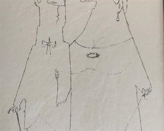 2.  Alfonso Vila Shum Pen and Ink Artwork Couple w/ Dog (23" x 19")