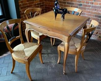8. French Provincial Game Table (34" x 34"" x 30") w/ 2-13” Pullout Leaves and 4 Side Chairs (17" x 18" x 32")  
