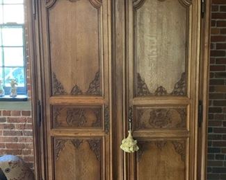 13. Antique Carved Armoire w/ Newer Fittings for Pull Out Turntable and Swivel Mount for TV (55" x 24" x 90")