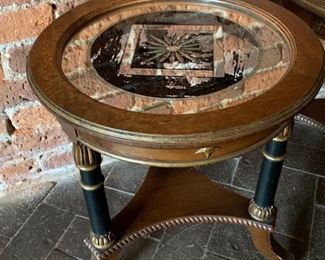 9. Pair of Antique Side Tables w/ Decorative Mirror Top (16" x 18")    Graebel #101173168