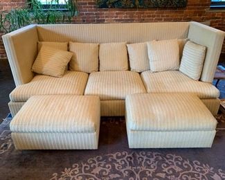14. Cream High Back Sofa (97" x 42" x 38") w/ Pair of Ottomans on Casters (30" x 20" x 15")