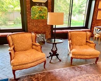 16. Pair of Wingback Chairs w/ Tan and Cream Quilted Upholstery (34" x 28" x 35")
