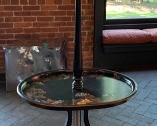 17. Antique Black Hand Painted Floor lamp and Mother of Pearl Inlay (24" x 19" x 57")    Graebel