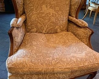 16. Pair of Wingback Chairs w/ Tan and Cream Quilted Upholstery (34" x 28" x 35")