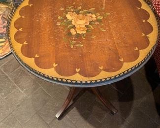 28. Antique 4 Footed Pedestal Table w/ Brass Gallery Hand Painting (18" x 20")