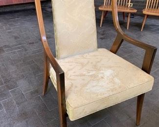 68. Harvey Probber MCM Scrubbed Rosewood Dining Table w/ Brass Accents (80" x 44" x 29") 1-16" Leaf                                                                                         8 Chairs, 6 Side Chairs (20" x 19" x 38") and 2 Arm Chairs (24" x 22" x 38") 