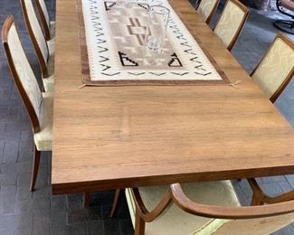 68. Harvey Probber MCM Scrubbed Rosewood Dining Table w/ Brass Accents (80" x 44" x 29") 1-16" Leaf and 8 Chairs, 6 Side Chairs (20" x 19" x 38") and 2 Arm Chairs (24" x 22" x 38") 