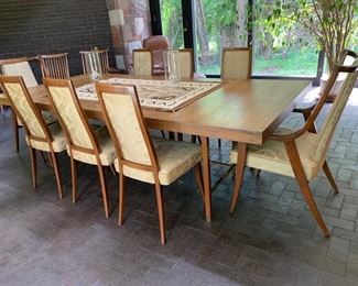 68. Harvey Probber MCM Scrubbed Rosewood Dining Table w/ Brass Accents (80" x 44" x 29") 1-16" Leaf and 8 Chairs, 6 Side Chairs (20" x 19" x 38") and 2 Arm Chairs (24" x 22" x 38") 