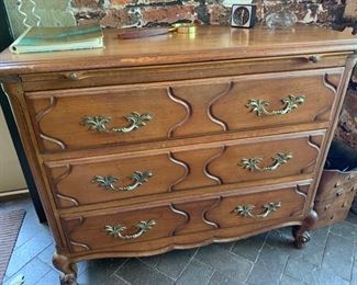 82. Vintage 3 Drawer Carved Chest w/ Shelf (36" x 14" x 30")