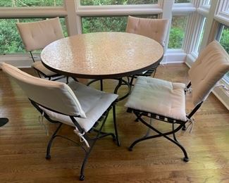 1. ABC Carpet Mosaic Top Metal Table (40" x 30") 2. 4 Pottery Barn Folding Chairs w/ 2 Sets of Cushions (18" x 22" x 33")