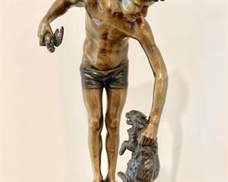 21. Bronze Sculpture of Boy & Rabbit by E. Guilbert (30" x 14")