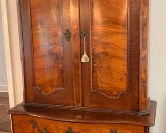 30. Antique Dutch Oak and Burled Wood Cabinet w/ Shaped Top and Serpentine Base c. 1750 (48" x 24" x 16")