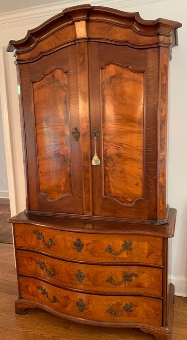 30. Antique Dutch Oak and Burled Wood Cabinet w/ Shaped Top and Serpentine Base c. 1750 (48" x 24" x 16")