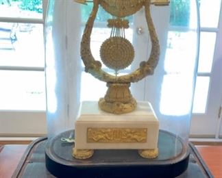 24. Antique Gold and Marble Clock w/ Glass Dome on Inlaid Wood Base