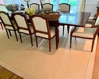 36. Custom Louis XVI Cherry w/ Fluted Leg and 2-20" Refractory Leaves (78" x 45" x 30") 8 Louis XVI Dining Chairs w/ Upholstered Seat and Carved Back, 2 Arm Chairs (25" x 24" x 39"), 6 Side Chairs (20" x 22" x 38")