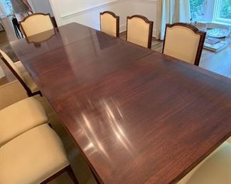 36. Custom Louis XVI Cherry w/ Fluted Leg and 2-20" Refractory Leaves (78" x 45" x 30") 8 Louis XVI Dining Chairs w/ Upholstered Seat and Carved Back, 2 Arm Chairs (25" x 24" x 39"), 6 Side Chairs (20" x 22" x 38")