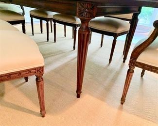 36. Custom Louis XVI Cherry w/ Fluted Leg and 2-20" Refractory Leaves (78" x 45" x 30") 8 Louis XVI Dining Chairs w/ Upholstered Seat and Carved Back, 2 Arm Chairs (25" x 24" x 39"), 6 Side Chairs (20" x 22" x 38")