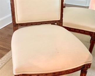 36. Custom Louis XVI Cherry w/ Fluted Leg and 2-20" Refractory Leaves (78" x 45" x 30") 8 Louis XVI Dining Chairs w/ Upholstered Seat and Carved Back, 2 Arm Chairs (25" x 24" x 39"), 6 Side Chairs (20" x 22" x 38")