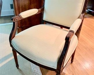 36. Custom Louis XVI Cherry w/ Fluted Leg and 2-20" Refractory Leaves (78" x 45" x 30") 8 Louis XVI Dining Chairs w/ Upholstered Seat and Carved Back, 2 Arm Chairs (25" x 24" x 39"), 6 Side Chairs (20" x 22" x 38")
