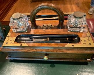 46. Antique Pen and Ink Stand w/ Brass Accents (12" x 8" x 8")