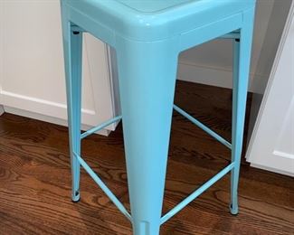 59. Set of 4 Tabouret Light Blue Metal Bar Stools (16" x 16" x 30")