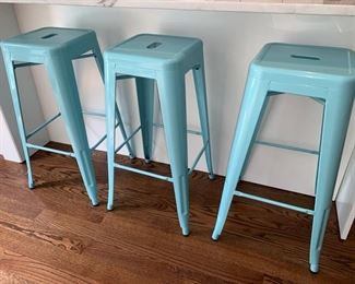 59. Set of 4 Tabouret Light Blue Metal Bar Stools (16" x 16" x 30")