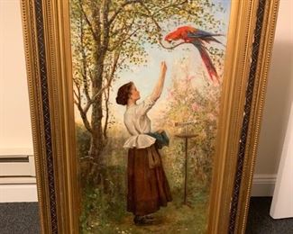 177. Oil on Canves Girl Feeding Parakeet