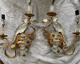 157. Pair of Glass and Gilt Bird Sconces in the Style of Bagues (18" x 12")