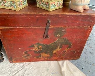 160. Small Asian Trunk w/ Painted Lion (18" x 12" x 13")