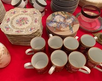 207. Fitz & Floyd Cloisonne Iris 8 Plates and 8 Mugs 205. 12-Heinrich & Co. Selb Bavaria Square Floral Salad/Dessert Plates
