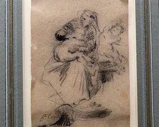 189. Carpeaux Signed Charcoal Drawing "Woman with Two Children" (4" x 5")