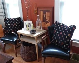 Pair of "Pleather" Side Chairs; Mid-Century Modern Side Table; Baskets; Collectable Bottles; Wall Art; Decorative Pillows and more.