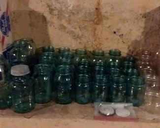Large Collection of Blue Ball Jars; Lids; Tall Bottles with Stoppers