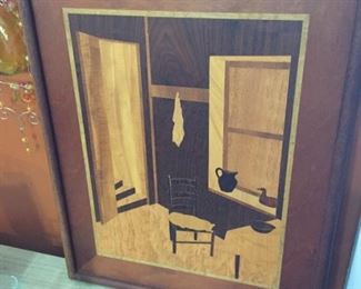 Interesting Wood Inlay Picture of Cat Sleeping on Chair!